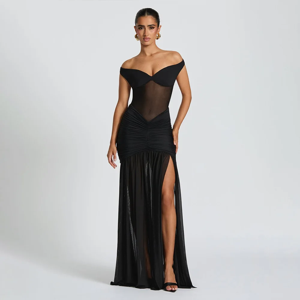 2025 ฤดูร้อน SHEER แผงชุดนางเงือกปิดไหล่ลึก V คอต่ํากลับ Slit Draped เอวชุดชีฟองสีแดงพรมงานแต่งงาน
