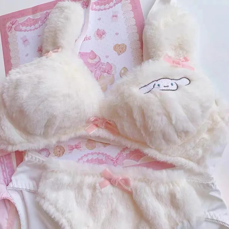 Cute Cinnamoroll Plush Fluffy Bra & Briefs Sets for Women Sweet Sexy Oversize Underwear Winter Soft Lingerie Clothes