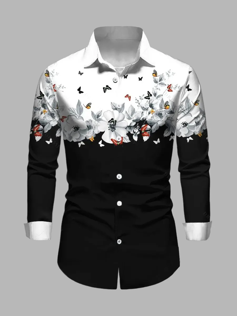 Sunflower Skull Print Men's Shirt Autumn Daily Casual Gothic Style Long Sleeve Tops Loose Breathable Quick Dry Halloween Clothes