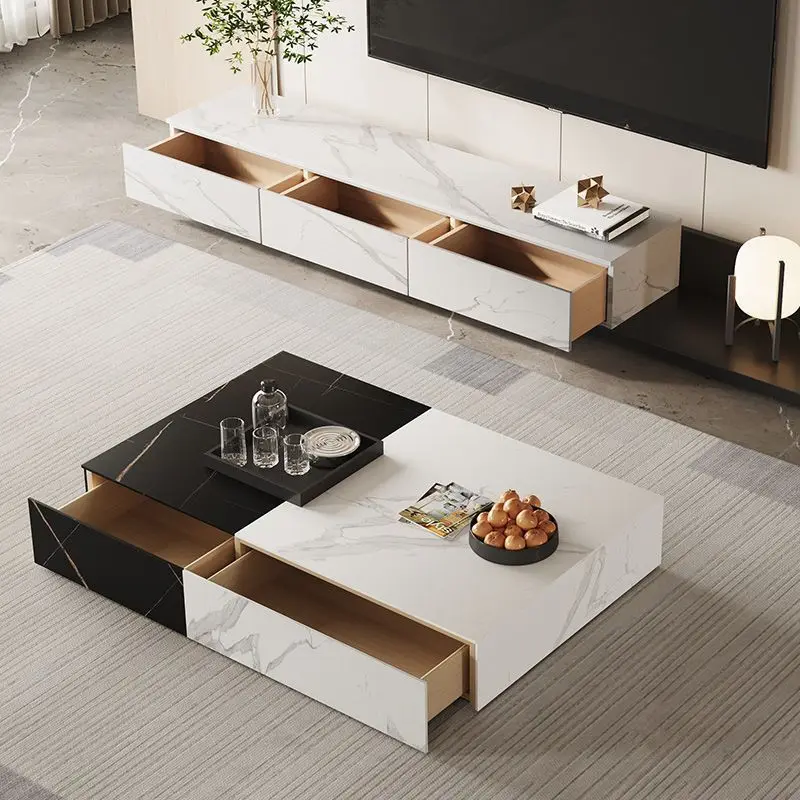 New sintered stone coffee table with color-block floor-standing drawers for living room and small