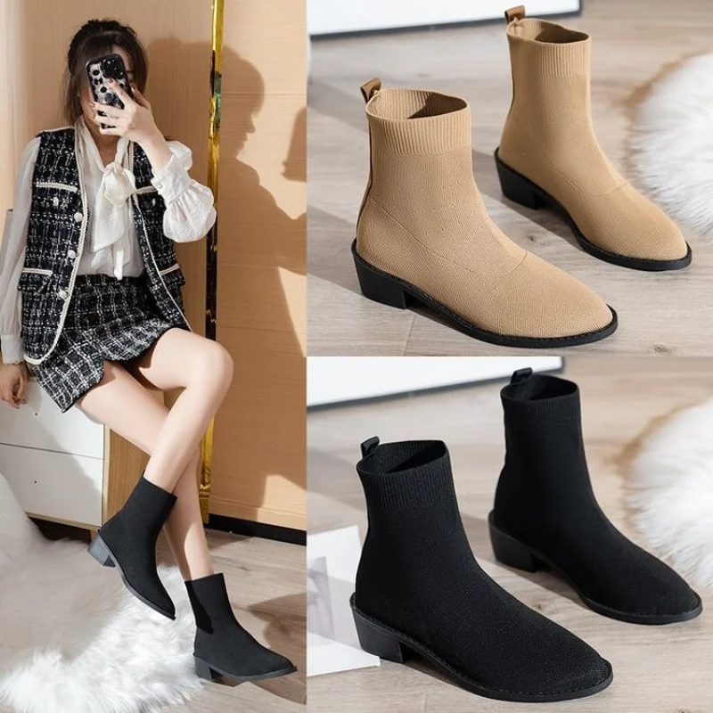 2023 New Knit Fabric Booties Women Spring Autumn Breathable Stretchy Knit Ankle Boots High Heels Boots Slip on Ladies Shoes