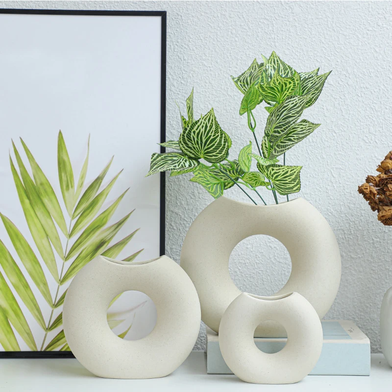 Nordic Vase Circular Hollow Ceramic Donuts Flower Pot Home Living Room Decoration Accessories Interior Office Desktop Decor Gift