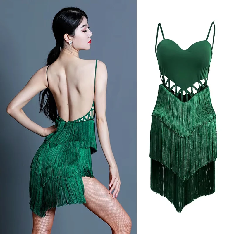 

Adult Green Fringe Latin Dance Costume Sexy Women's Suspender Backless Dress Tango Cha Cha Stage Performance Outfit Brown VBH373