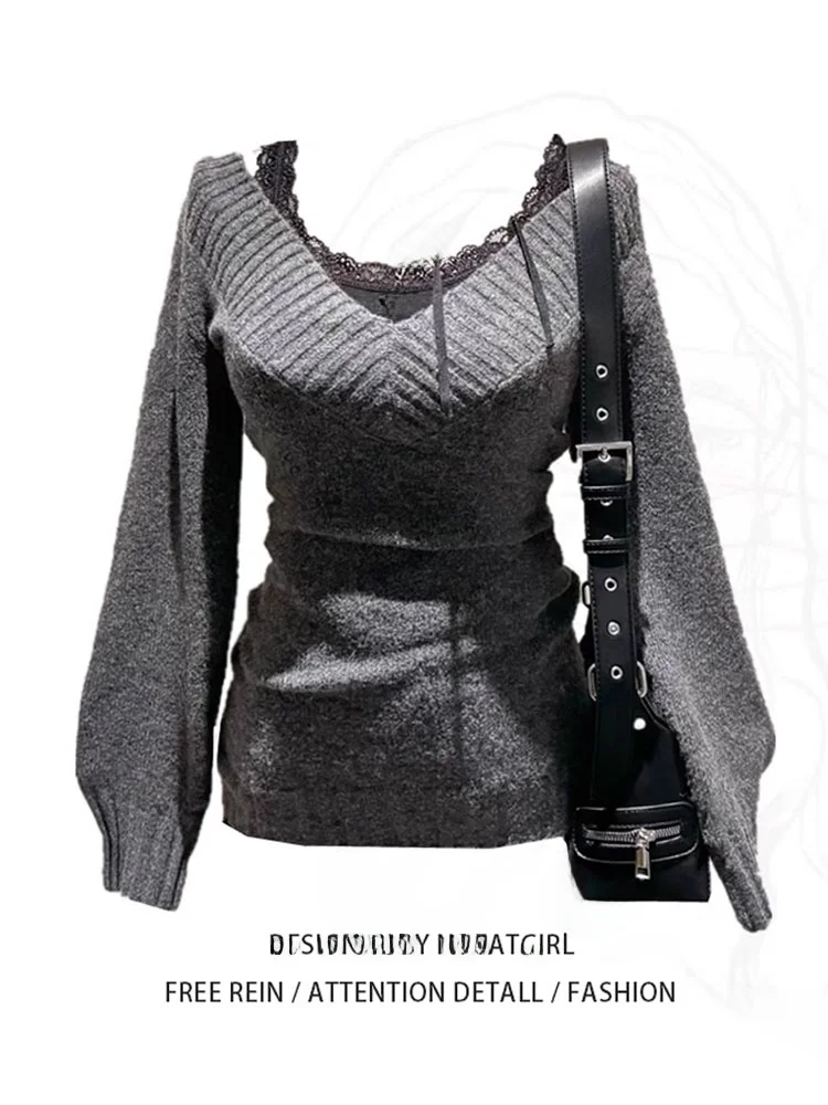 

Plus Size Soft Deep ey Long Sve V-Ne Women's Knitwear Loose Comfortable Slimming Trendy Top for Autumn Casual Vintage Sle
