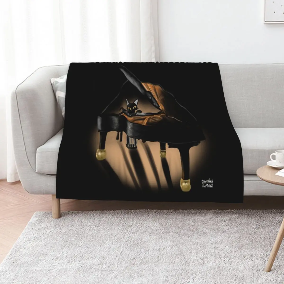 Piano and cat Throw Blanket valentine gift ideas Shaggy Beach Plaid on the sofa Bed Thin Blankets