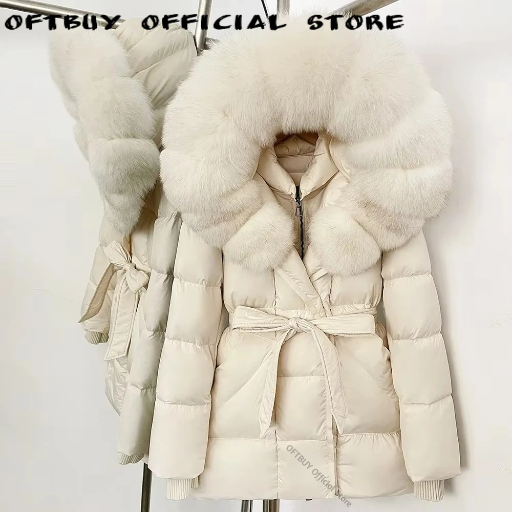 OFTBUY Women's Winter Jacket Fluffy Fox Fur Coat Natural Fur Wide Collar Belted Ultra Warm Premium Cold Season for Street Style
