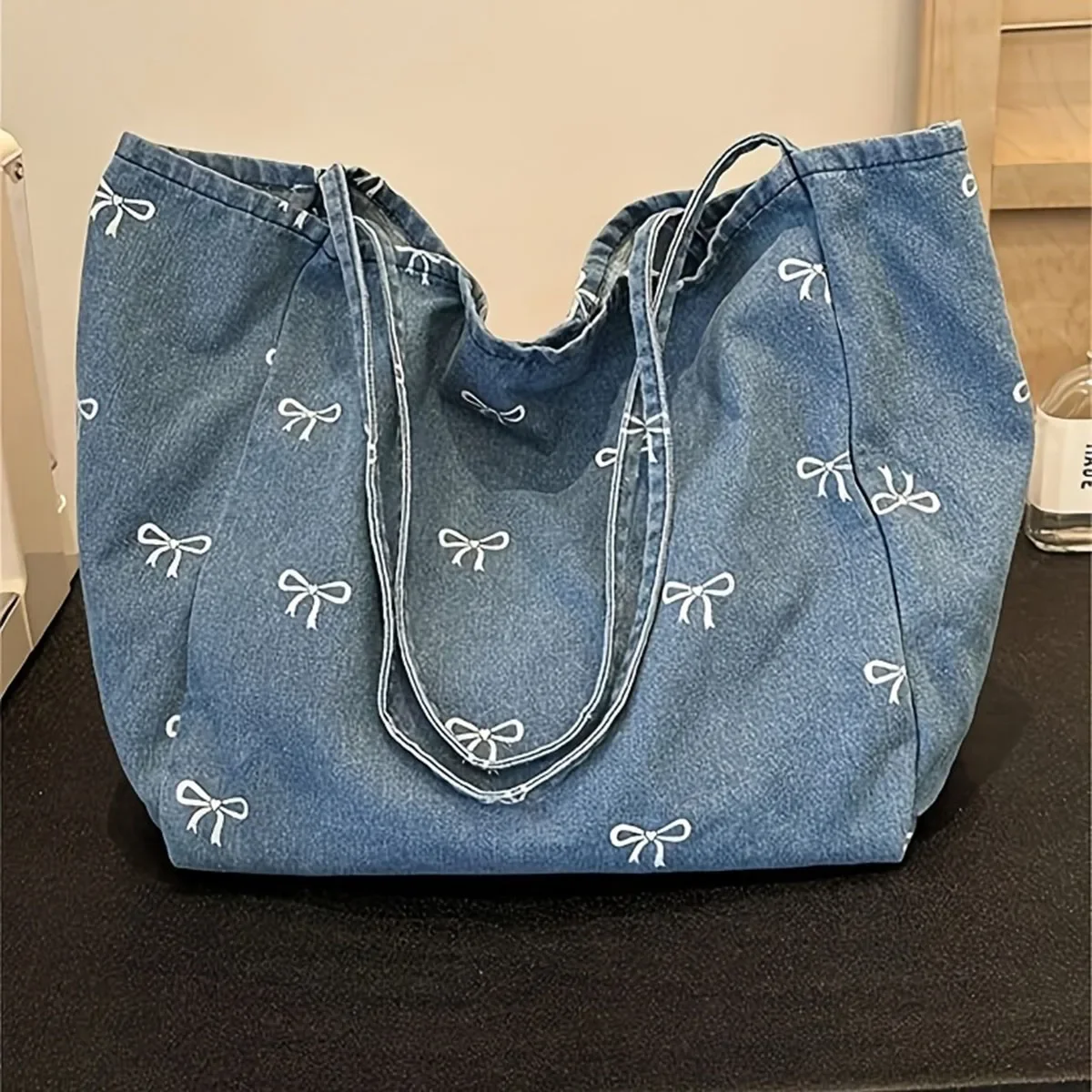 Bolsa de lona jeans de alta qualidade, arco feminino, sacola doce e versátil, bolsa casual de ombro único de grande capacidade