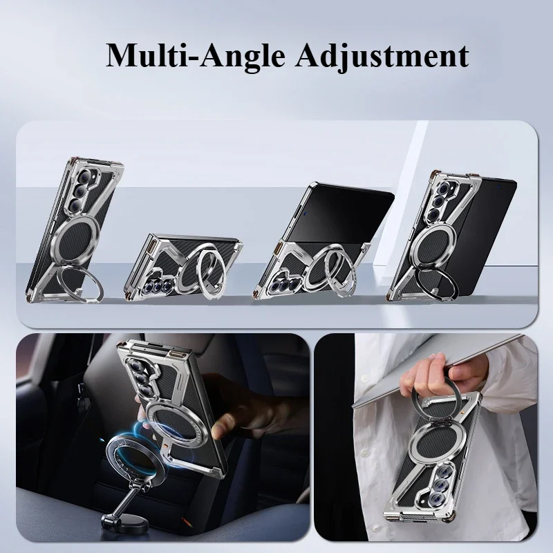 Oatsbasf for Samsung Z Fold 6 5 W24 Metal Phone Case Bezel-less Phone Cover for Samsung Folding Screen Shell w/ Magnetic Stand