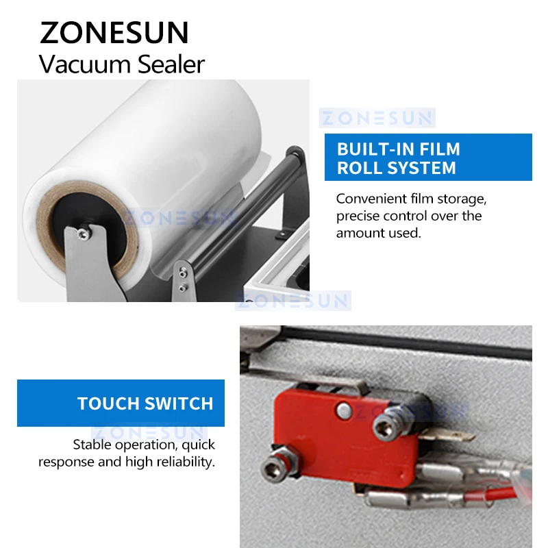 Zonesun ZS-VS240 Sellador de bandejas de vacío de cámara: máquina de envasado al vacío de mesa para carne, mariscos y comidas listas