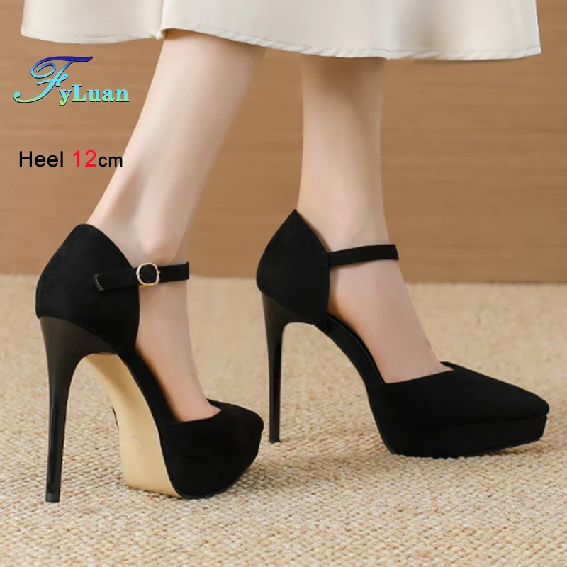 

Black Versatile Women Super High Heels Sandals Sweet Apricot Pointed Toe Shallow Mouth Ankle Strap Ladies Stiletto Single Shoes