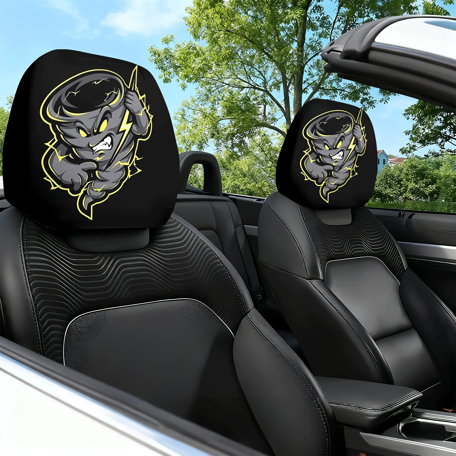 2pcs Car Headrest Covers Lightning Cartoon Printed Auto Seat Headrest Pillow Neck Pillow Protector – Slip-Resistant, Stain-Res