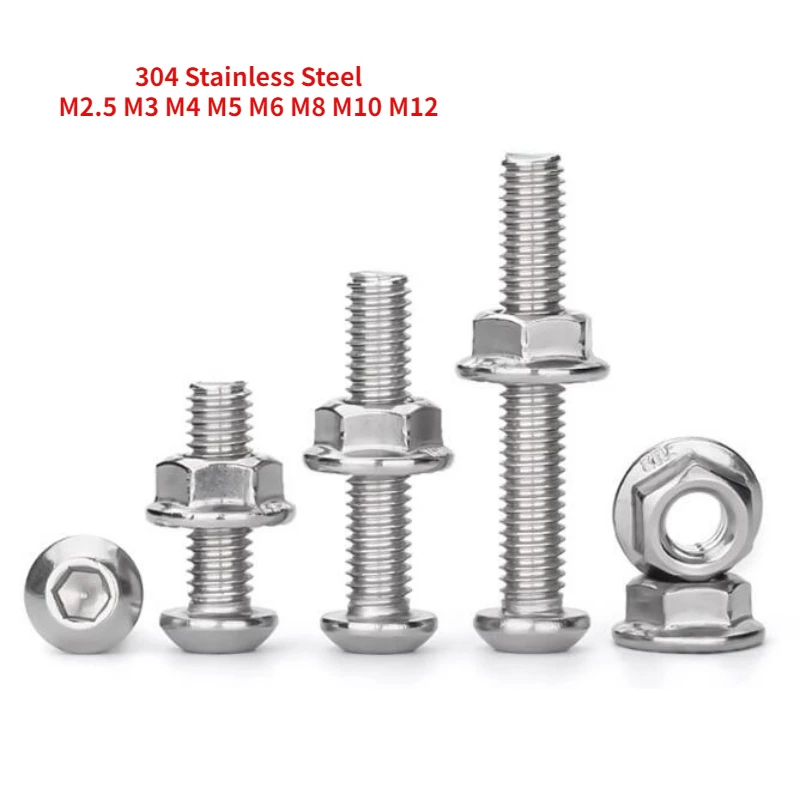 4-60Sets M2.5 M3 M4 M5 M6 M8 M10 M12 304 Stainless Steel Round Head Hexagon Socket Screw Nut Combination Kit