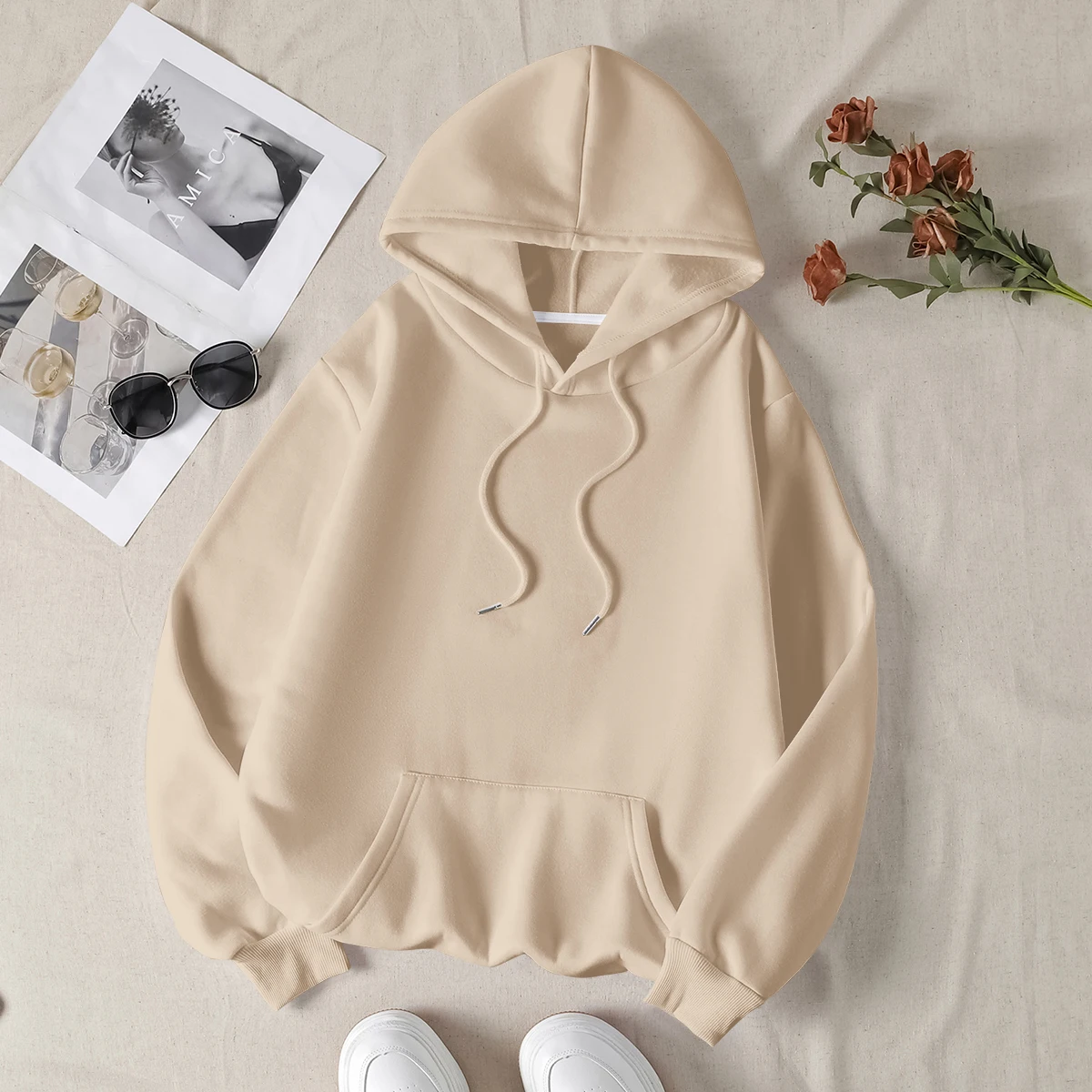 Cartoon printed solid color drawstring hoodie, pullover drawstring kangaroo pocket sports hoodie, women's sweatshirt