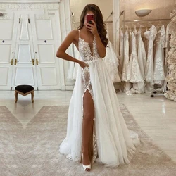 Boho Spaghetti-trägern Hochzeit Kleid Spitze Appliques A-Line Lange Brautkleider robe de mariage