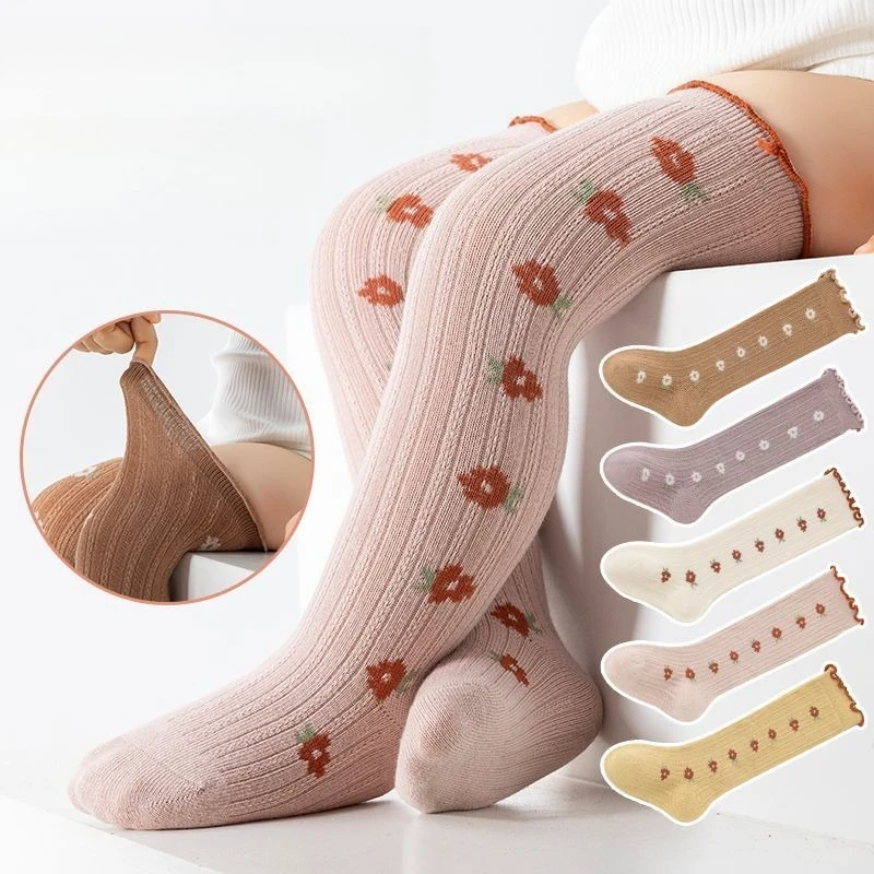 

Носки для новорожденных девочек выше колена, хлопковые, осенне-зимние, свободного кроя, с кружевной отделкой, не сдавливающие, термоноски