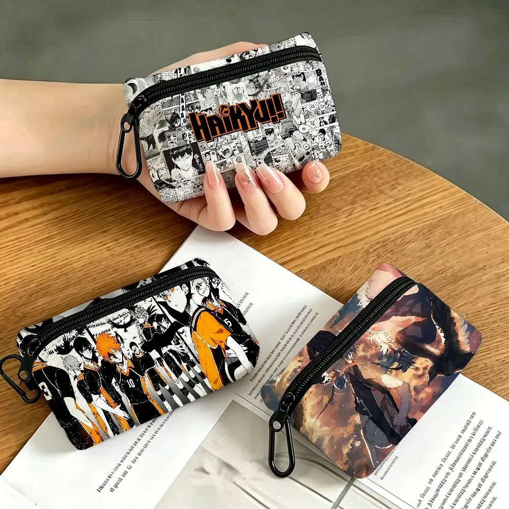 H-Haikyuu Mini Hanging Oxford Cloth Coin Bag Durable Zipper Key Card Pouch With Carabiner