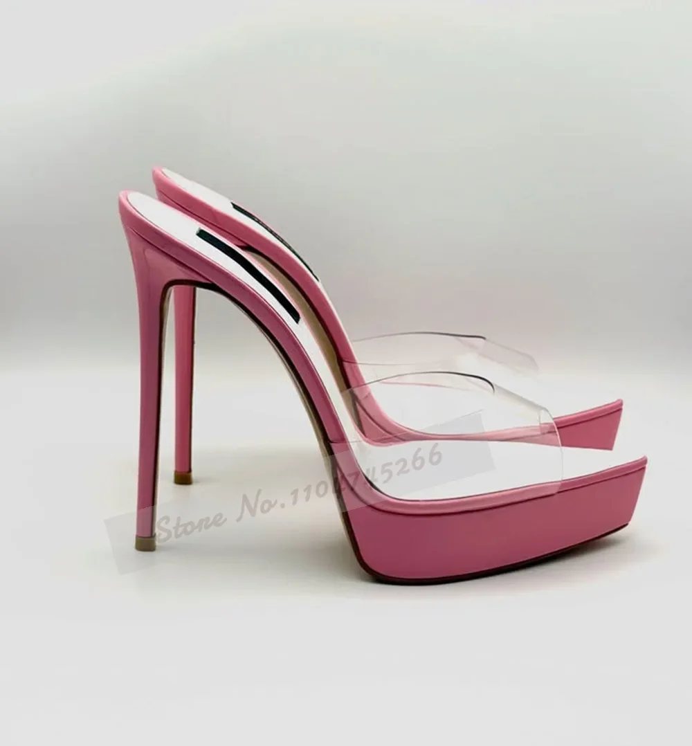 

Pink White Platform Pointed Toe High Heel Mules Clear PVC Slip-On Modern Dress Slippers Patent Leather Stilettos Banquet Pumps