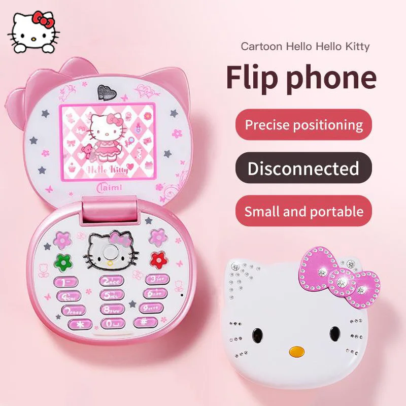 

Hello Kitty Flip Phone 2024 New Kawaii Sanrio Cartoon Cute Children White Pink Mini Phone Birthday Gifts For Kids Toys For Girl