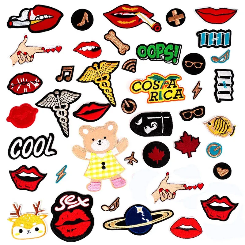 Lips Kiss Cool Patches Embroidery For T-Shirt Iron On Appliques Clothes Jeans Stickers Badges OOPS