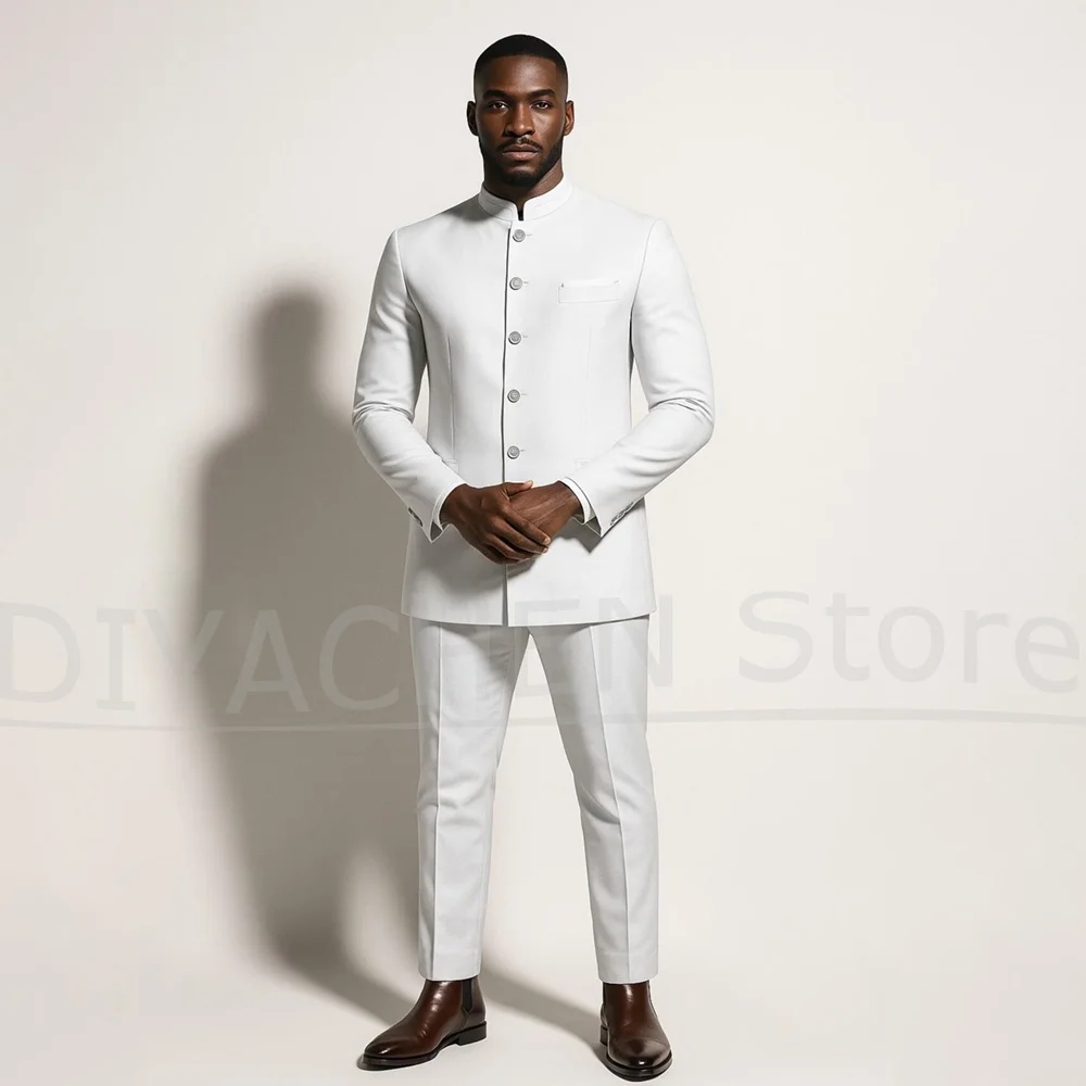 

Men's Mandarin Collar Suit Set 2 Piece Blazer Pants Elegant Tailored Outfit Formal Wedding Business Casual Slim Fit Male Suit