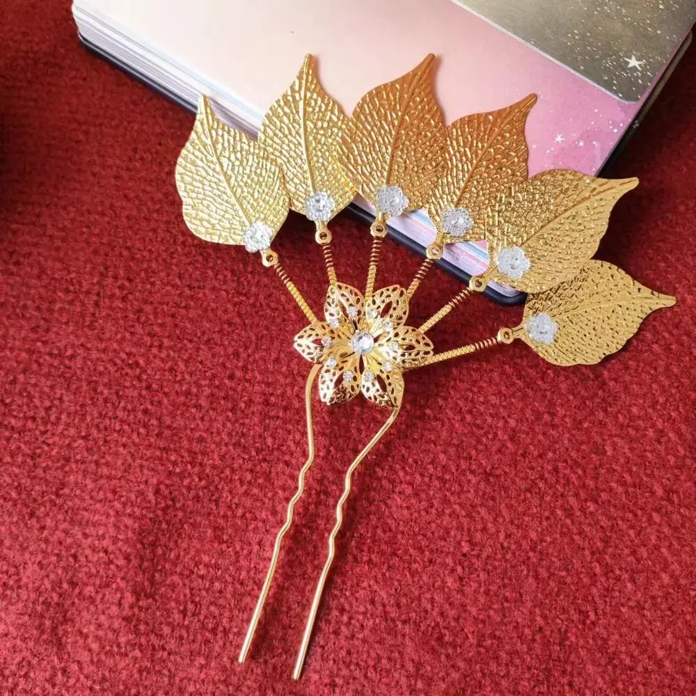 الذهب التايلاندية أوراق معدنية دبوس الشعر زهرة حجر الراين على شكل حرف U شوكة الشعر أغطية الرأس كريستال العرقية نمط إكسسوارات الشعر مهرجان #4