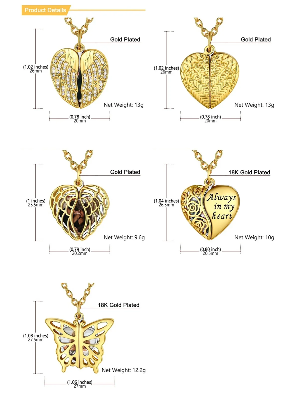 U7 Custom Angel Wings Photo Locket Necklace for Woman Stainless Steel Butterfly Rose Heart Pendant Personalized Jewelry for Her