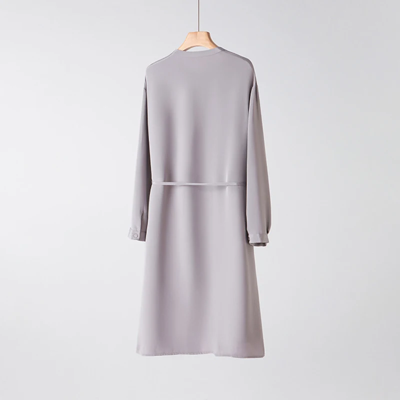 30 Momme 100% Heavy Crepe Mulberry Silk Dress Women Plus Size Midi Shirt Dress Fashion Simple Tie Waist