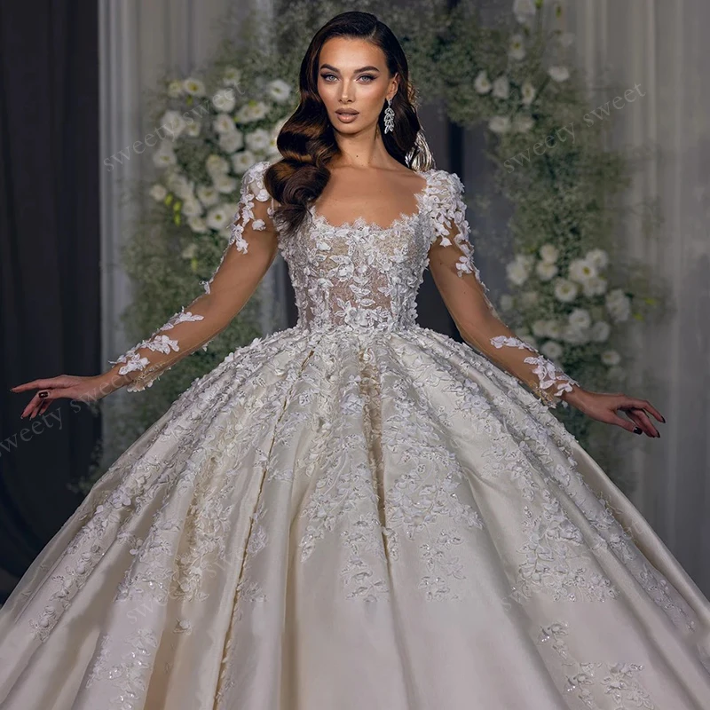 Romantic Wedding Dress Satin With Embroidered Lace Ballgown Fullsleeve Square Collar Customized Bride Lace Up Robe MariéE Satin