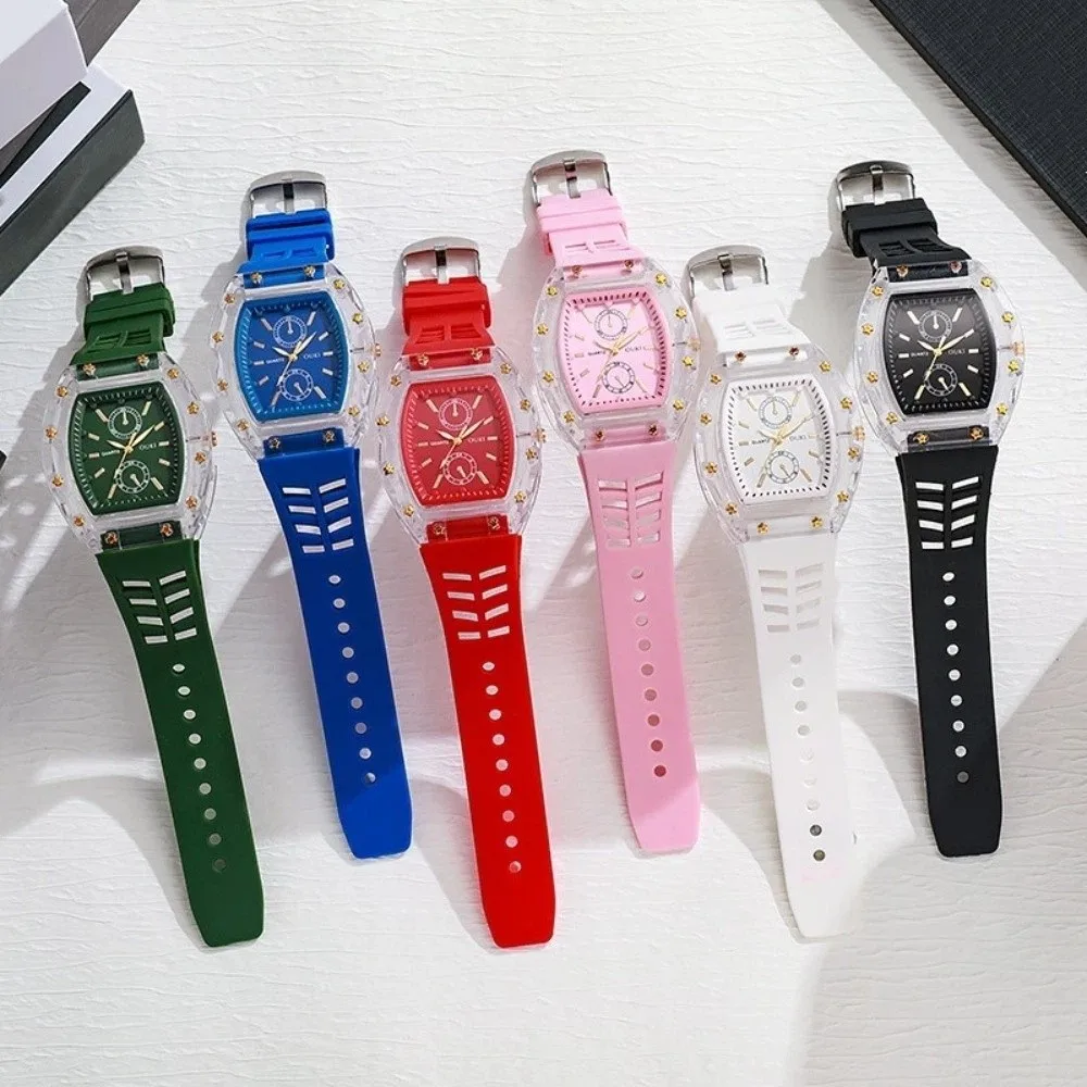 Tonneau Case Women Quartz Watch Transparent Case Without Box Analog Sport Watch Silicone Strap Quartz Wristwatch Gift