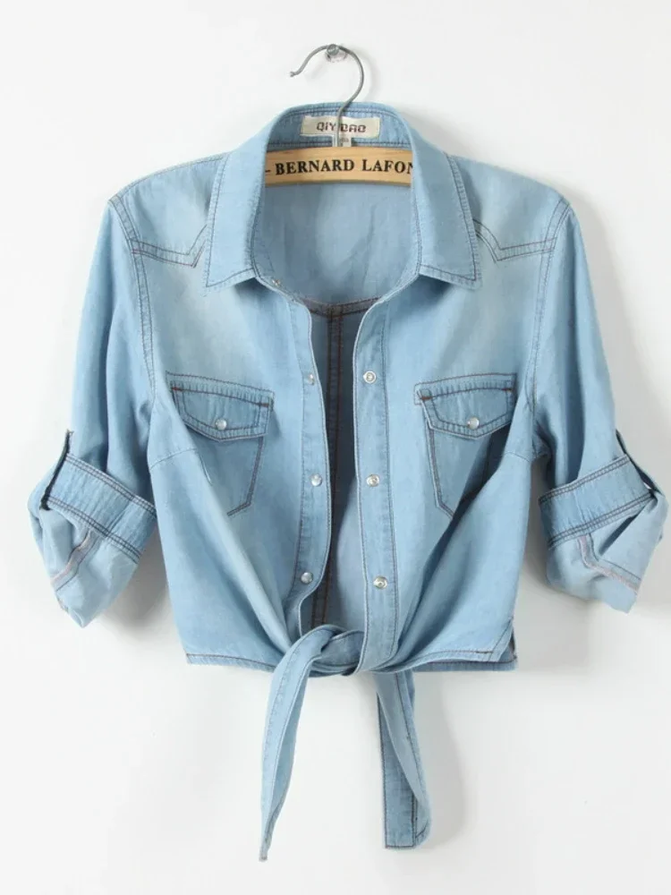 Summer Cool Feminine Shirts Fashion Casual Denim Shirt Short Sleeve Women‘s Tops Chemise Femme Crop Tops Women Sexy Short Shirt