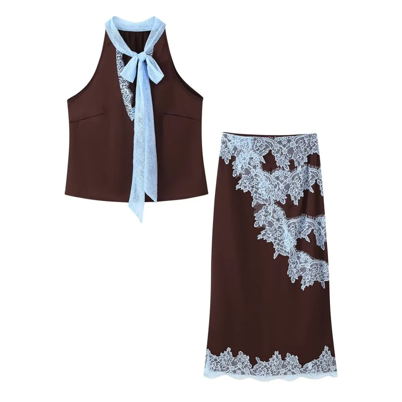 Donna Primavera Estate Nuovo set di gonne con giunture ricamate in pizzo sexy o gilet con lacci elegante con scollo a V femminile o mezza gonna da donna