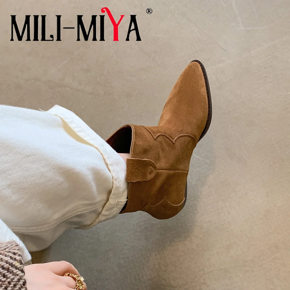 MILI-MIYA Classic Style Women Western Cowboy Ankle Boots New Cow Suede Pointed Toe Comfortable Block Heel Commuter Casual Shoes