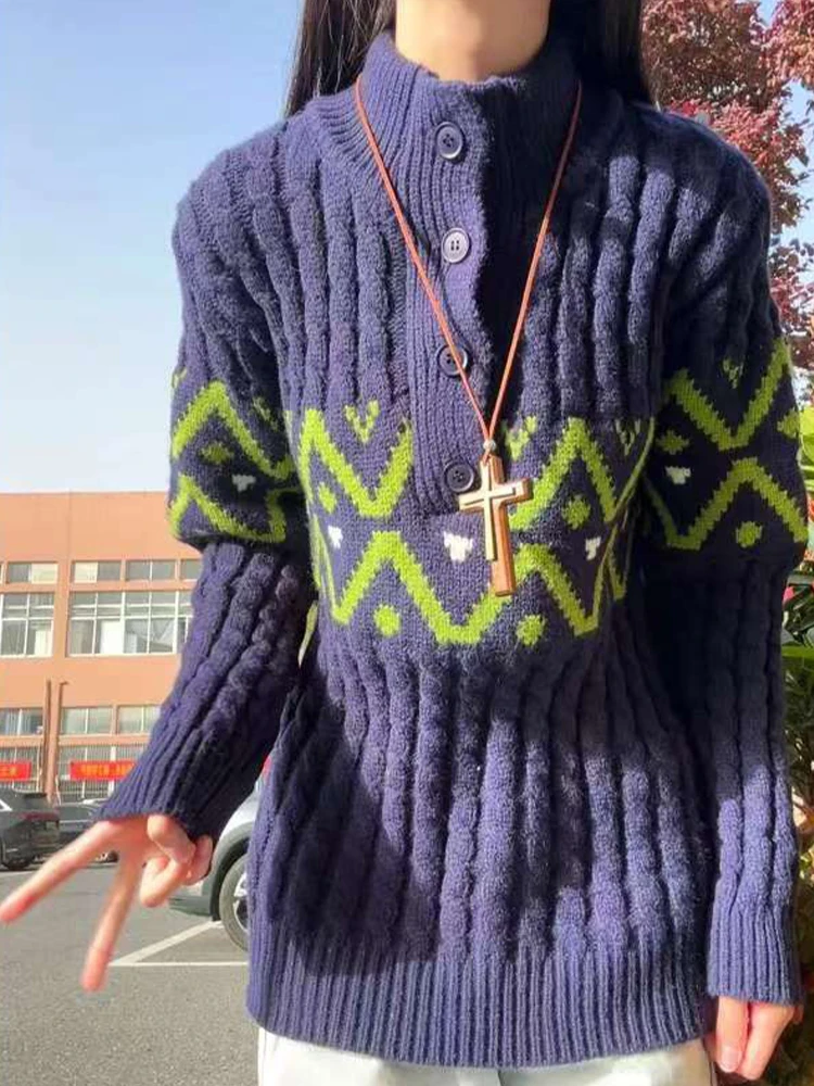 

Мужской вязаный свитер в американском ретро-стиле, осенне-зимний, с высоким воротником, свободного кроя, винтажный, с длинными рукавами, с ромбовидным узором.