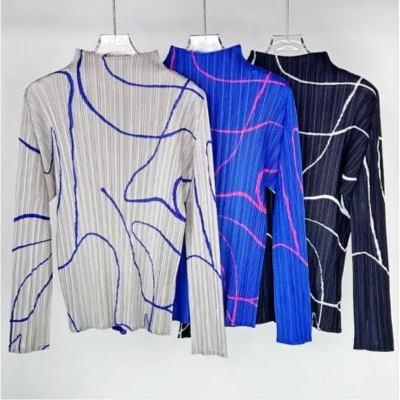 

Miyake осенние линии плиссированные женские топы с принтом, простая модная футболка с длинными рукавами и длинными рукавами до половины высоты, нижняя рубашка