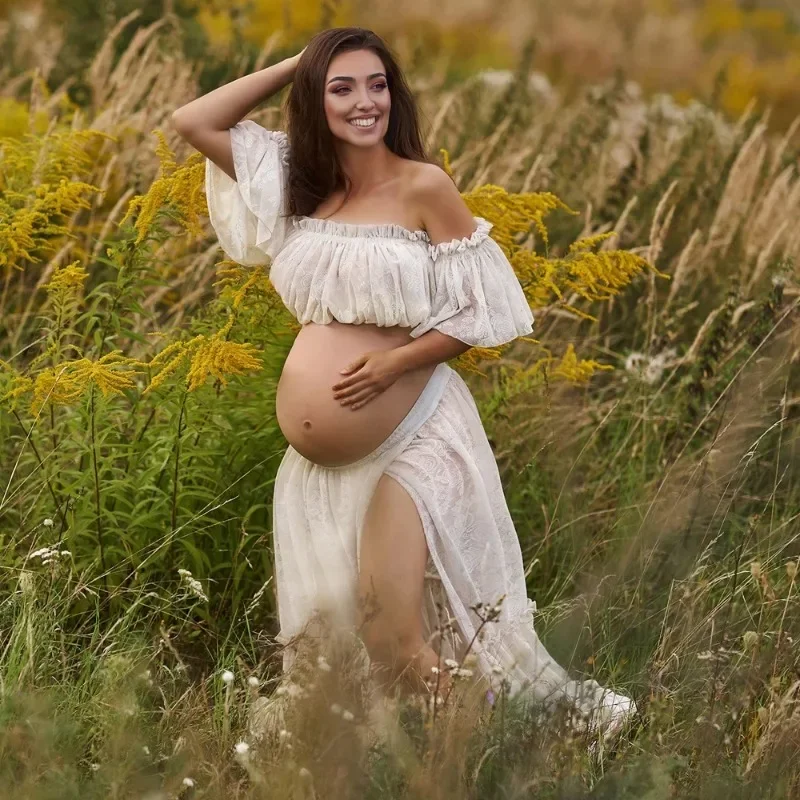 Maternity Gown For Photo Shoot Two Piece White Lace Boho Maternity Dresses For Pregnancy Sessions Baby Showers Dress