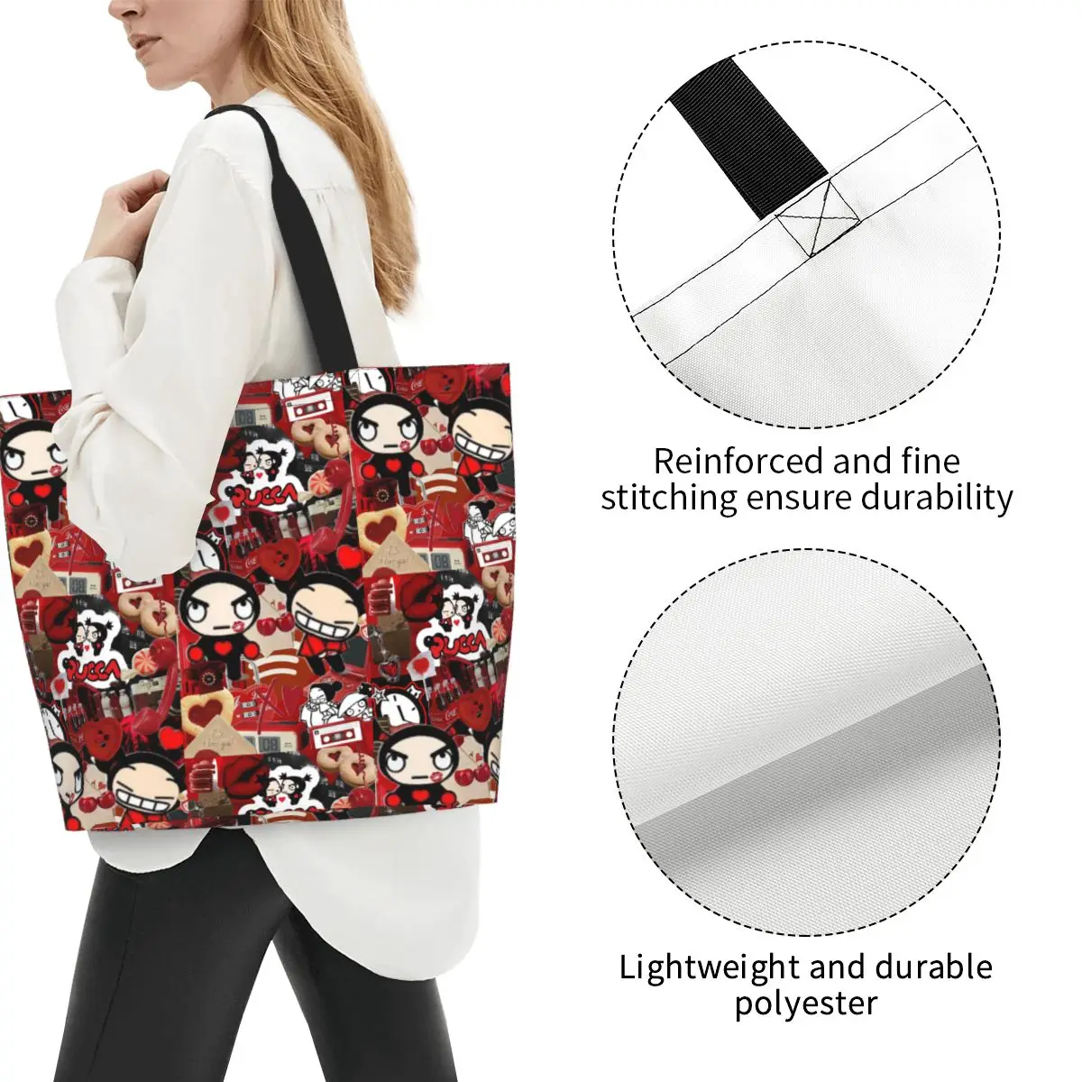 Pucca Love For You Red Shopping Tote Bag Canvas Large Capacity Shoulder Bags Shopper Grocery Handbag for Women