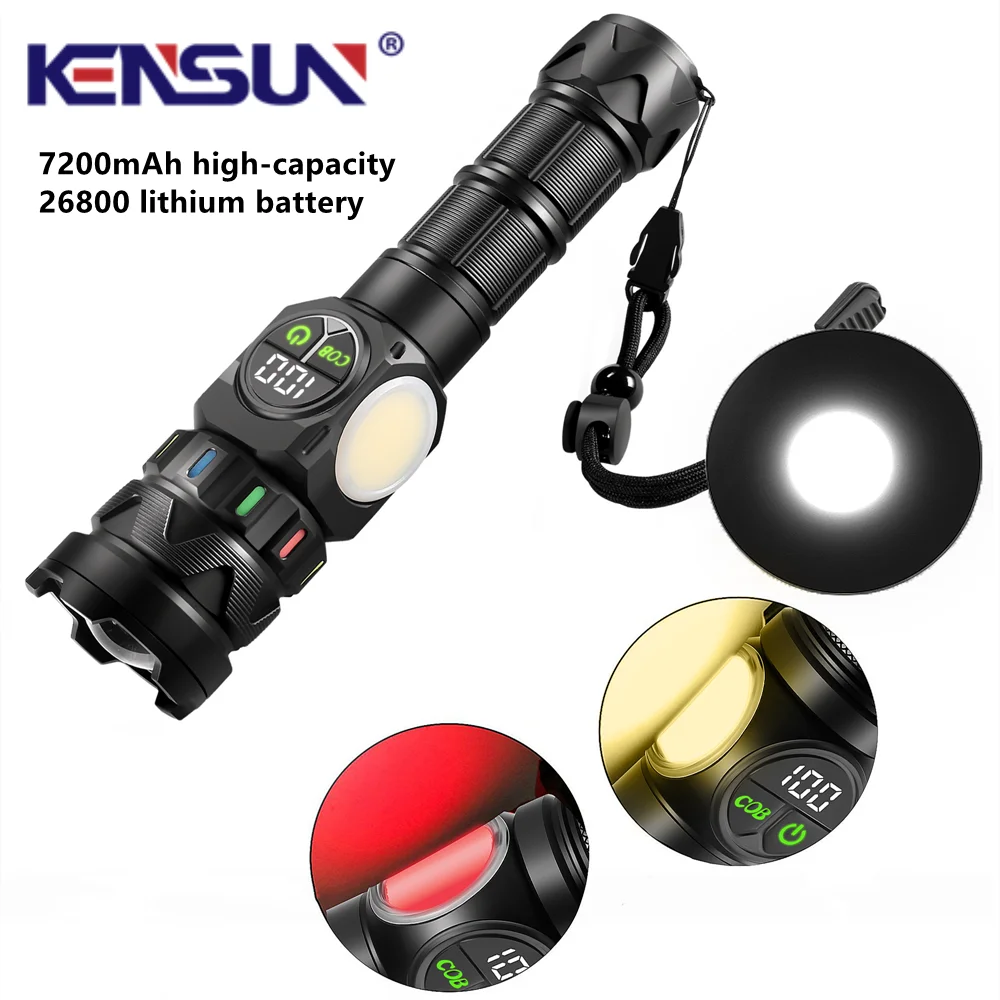 High Power Spotlight Long Range LED Flashlight With Side COB Light Type-C Charging Zoomable 26800 high-capacity Torch Lantern