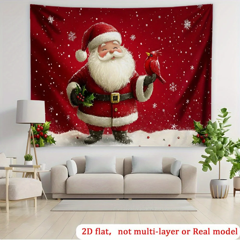 Classic Santa Claus Tapestry, Red Bird Winter Scene Wall Hanging, Traditional Christmas Decor, Festive Living Room Blanket, Gift