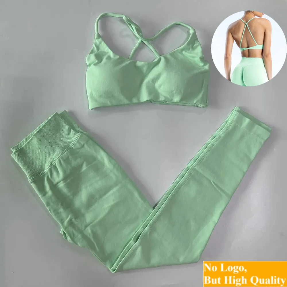 NO LOGO Sport Set Women Seamless Strappy Back Yoga Bra Medium Support High Waist Yoga Leggings Scrunch Gym Pants Fitness Tights
