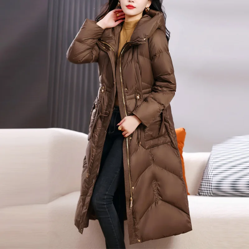 Down Jacket for Women, Mid-length Parka, Hooded Waisted, Straight Design High-end Fashion Temperament Slim Warm Coats Winter New