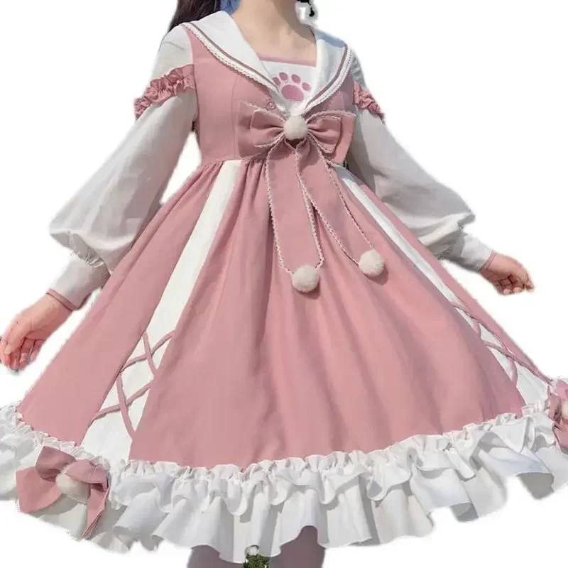 M-4XL dulce vestido de lolita con lazo rosa para mujer, vestido holgado de manga larga Kawaii para fiesta de té, princesa Cos OP Fairy Kei M17