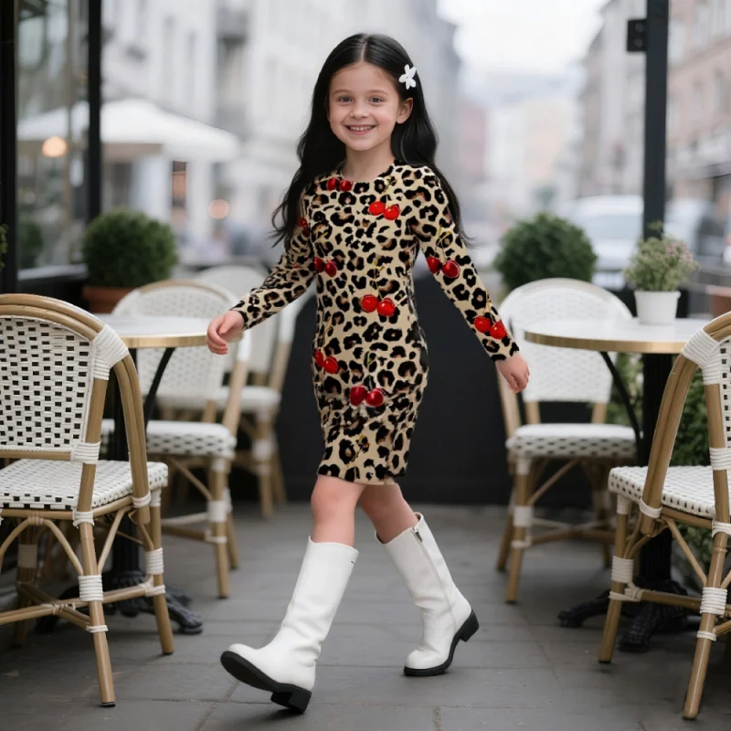 

2025 Girls' Leopard Print + Little Cherry Printed Long Sleeve Dress - Fashion Casual Children's Party Dress