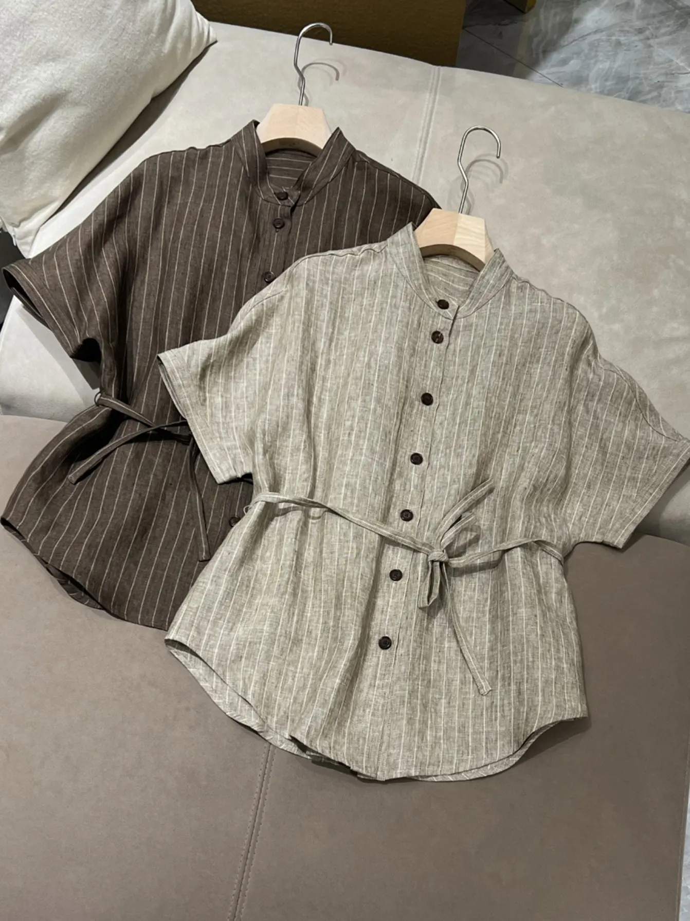 Women's New 100%Linen Collar Lace-up Waist Striped Short-sleeved Shirt Top