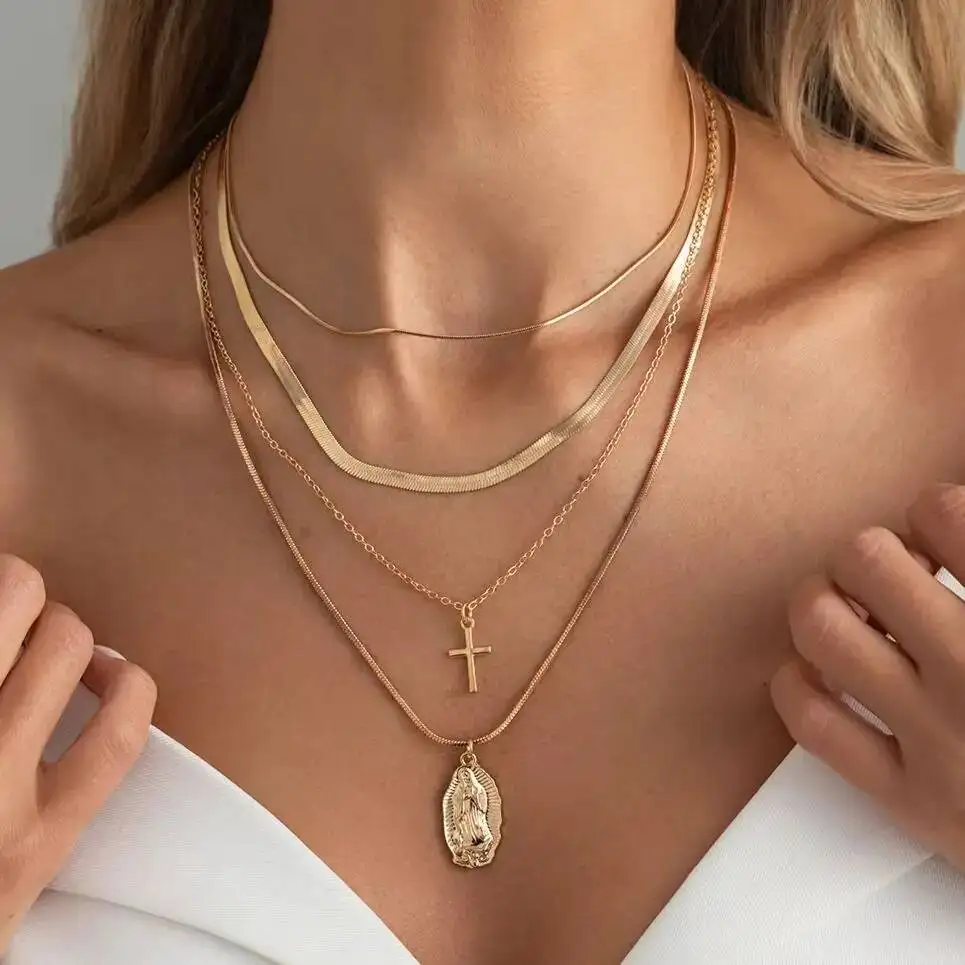 Salircon 4Pcs/Set Simple Trend Gold Color Jesus Cross Pendant Necklace Creative Adjustable Metal Choker Chain Charm Jewelry Lady