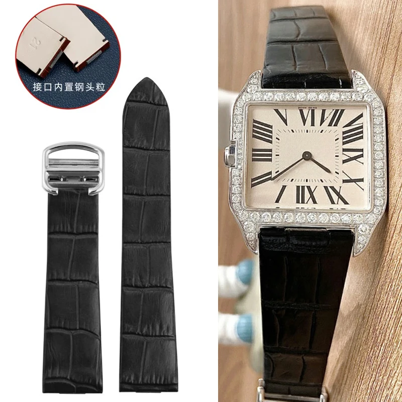 

18mm 21mm Genuine leather Watchband steel joint Strap Unisex Bracelet Wristband For Cartier Santos W2007051 W2006951 Watch