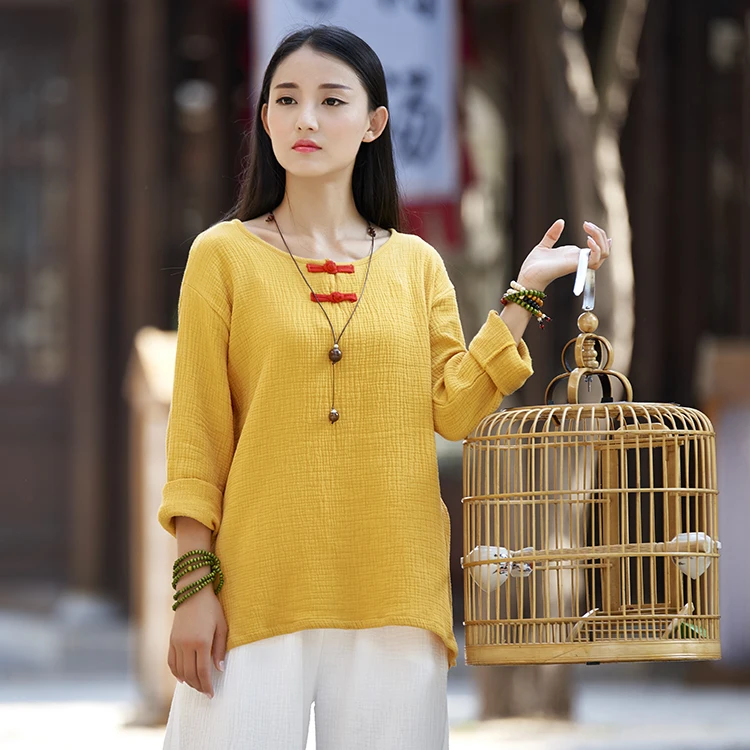 

plus size tops Women Blouses Autumn Shirts Casual Long Sleeve Button Chinese style Shirts Lady Tops Cotton Linen Blouse