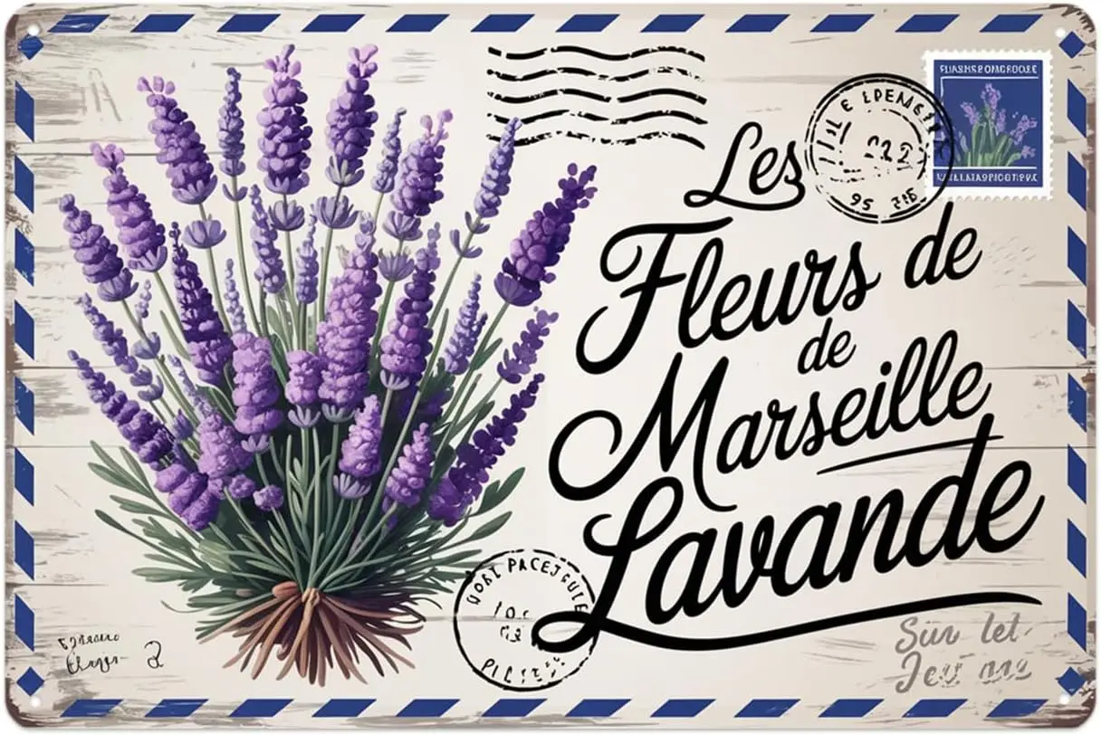 Provence Lavender Flowers Marseille Vintage Postal Metal Sign Suitable for garden, home, cafe decoration 8 x 12, easy to hang
