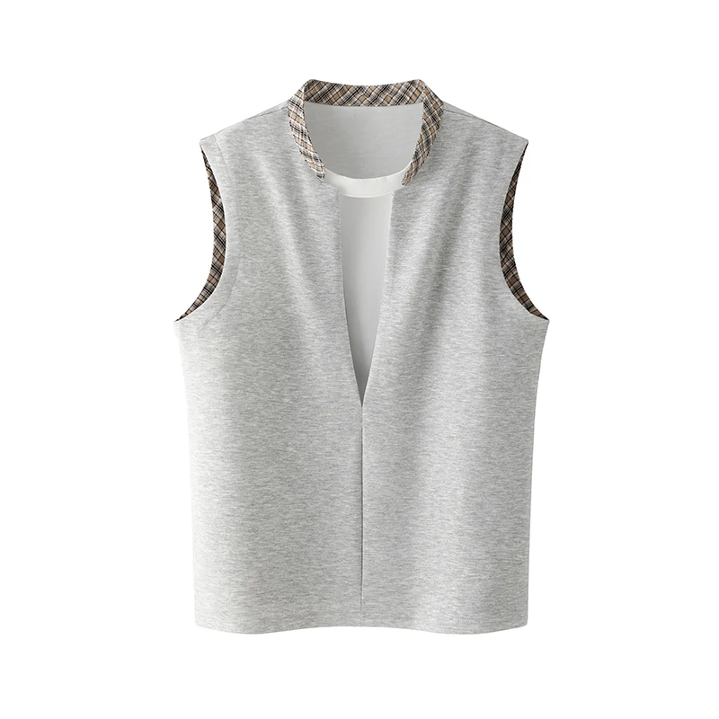 Men's Faux Two Piece Checked Stand Up Collar Deep V Neck Layered Sleeveless Waistcoat Loose Fit Preppy Casual Streetwear Style