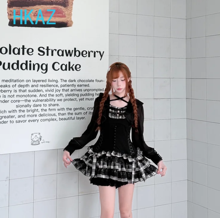 Japanese Sweet Cute Liz Lolita Plaid Splicing Short-sleeved Dress and Shorts Set Black Versatile High-waisted Slim-fit Set