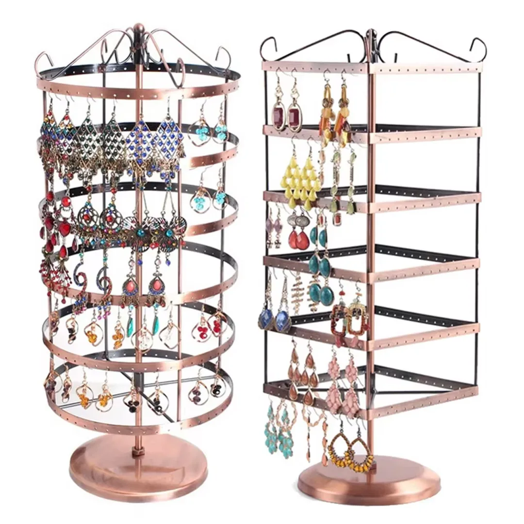 

288 Hole Brown Metal Jewelry Multifunctional Display Shelf Square Circular Rotating Earring/Necklace Display Stand Bracket